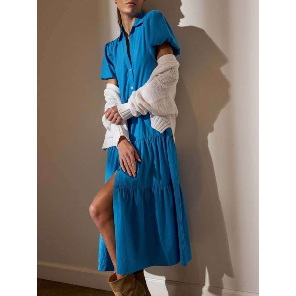 BROCHU WALKER TIERED BUTTON DOWN MIDI DRESS TEAL MEDIUM